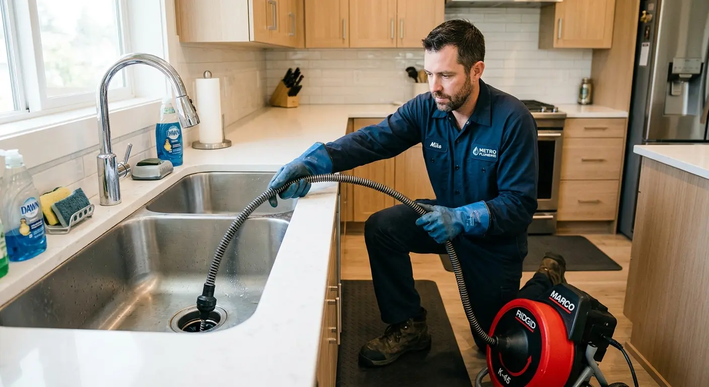 Drain cleaning technician using a motorized snake on a kitchen sink in Roxborough Park