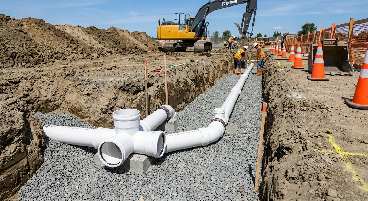 New PVC sewer pipe installation in open trench for Sewer Backup in Roxborough Park