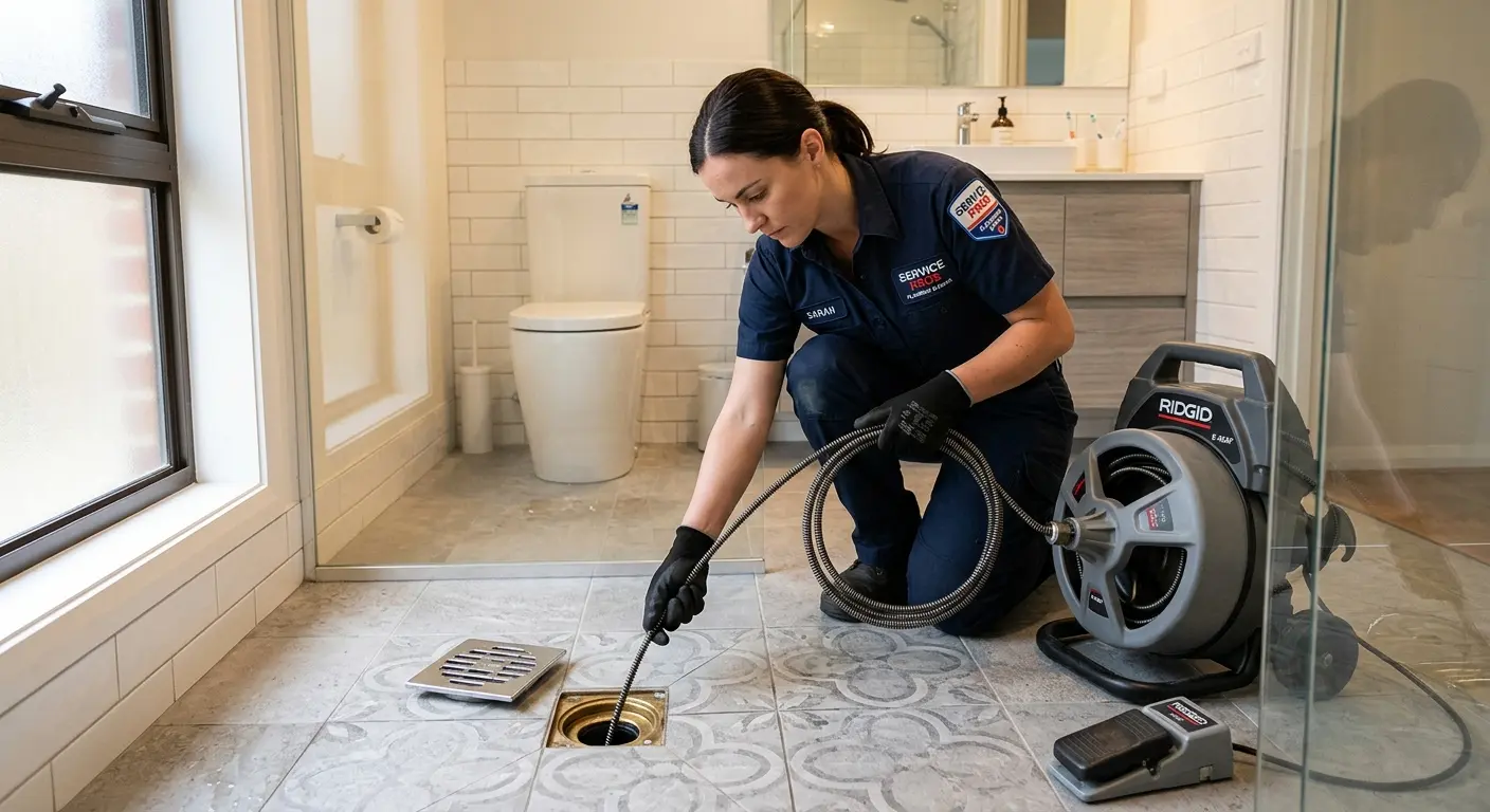 Technician clearing a bathroom floor drain for Sewer Line Replacement in Roxborough Park